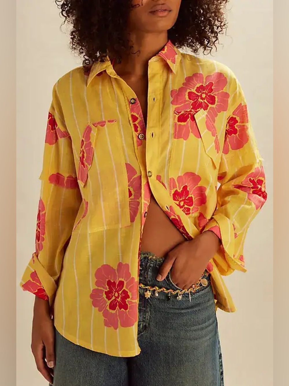 New Free People We The Free Flower Print Button Down Shirt Top Blouse sz S